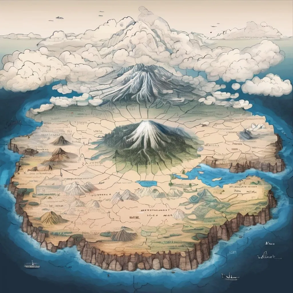 Prompt: Draw me an old map with large and diverse areas, including an area full of forests, a very large desert area, a large snowy area, the largest mountain on the map, an area full of chrysanthemum fields, and a large area above the clouds. There is a separate small island with a volcano, and there is another very large, dark and terrifying island.