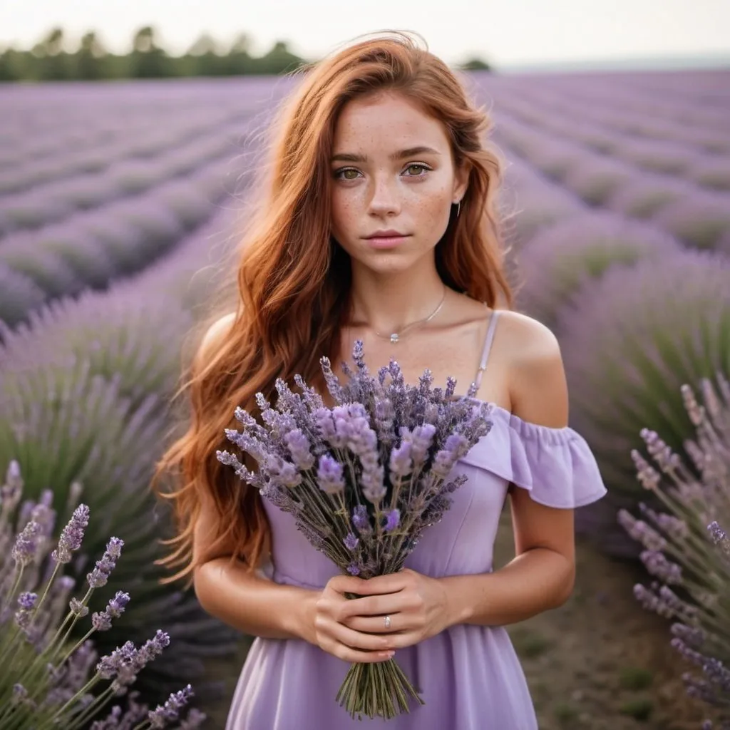 Prompt: Girl with long auburn hair with tan skin, brown eyes and freckles holding  a bouquet of lavender flowers wearing a light purple dress in a lavender field wearing purple and silver jewellery 