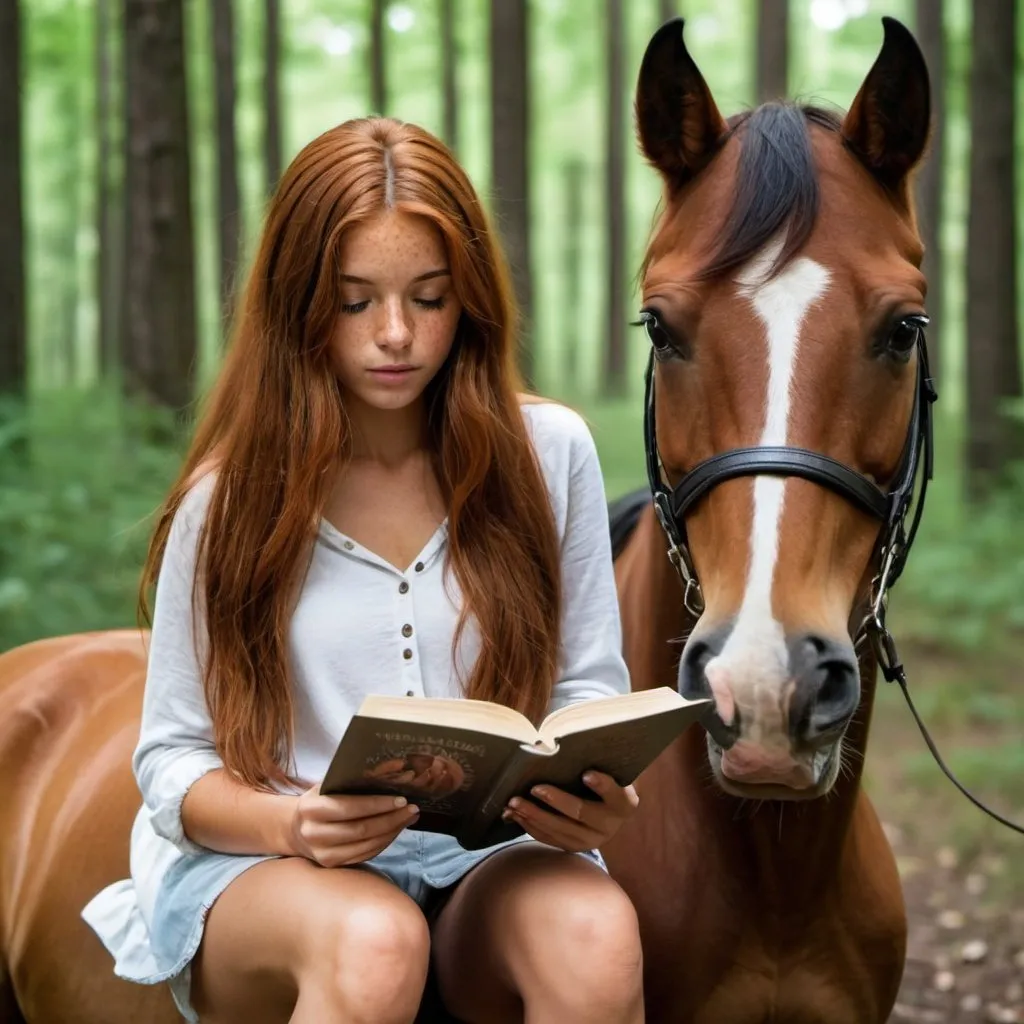 Prompt: Girl with long auburn hair, tan skin, brown eyes and freckles sitting on a horse reading a book in the forest