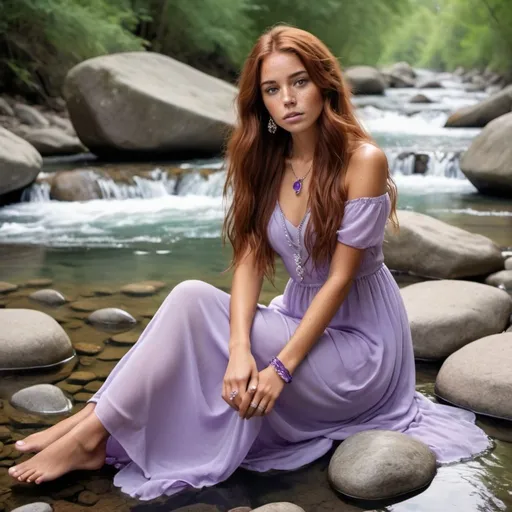 Prompt: Girl with long auburn hair with tan skin, brown eyes and freckles Wearing a light purple long dress sitting on a rock by a crystal clear stream with her feet in the water wearing purple and silver jewellery 