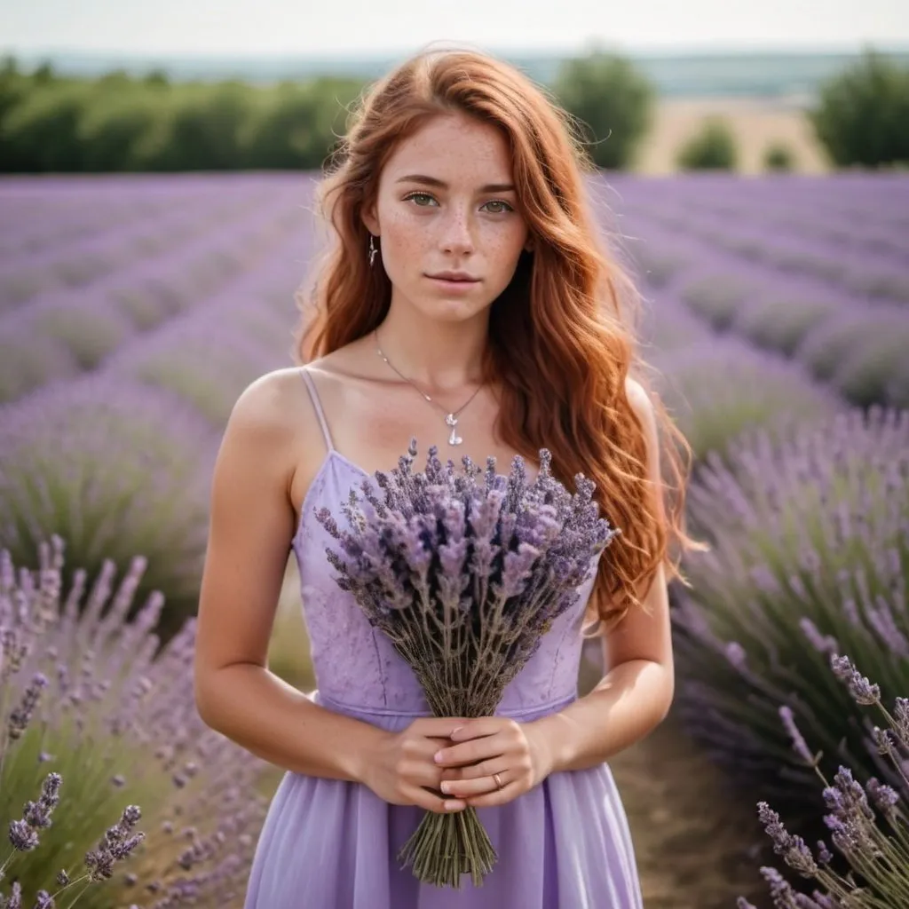 Prompt: Girl with long auburn hair with tan skin, brown eyes and freckles holding  a bouquet of lavender flowers wearing a light purple dress in a lavender field wearing purple and silver jewellery 