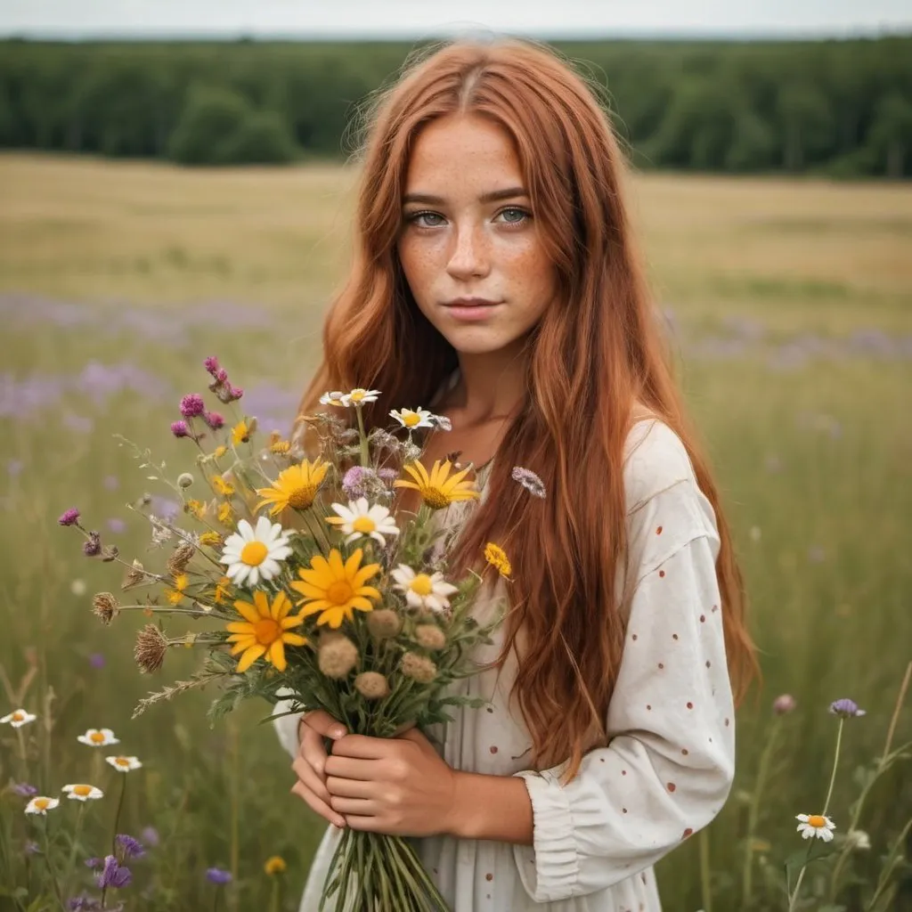 Prompt: girl with long auburn hair with tan skin, brown eyes and freckles holding a bouquet of pretty wild flowers surrounded in a field of wild flowers