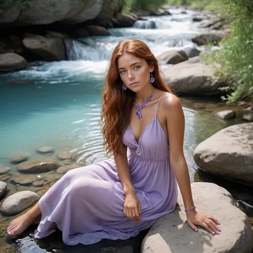 Prompt: Girl with long auburn hair with tan skin, brown eyes and freckles Wearing a light purple long dress sitting on a rock by a crystal clear boo blue stream with her feet in the water wearing purple and silver jewellery 