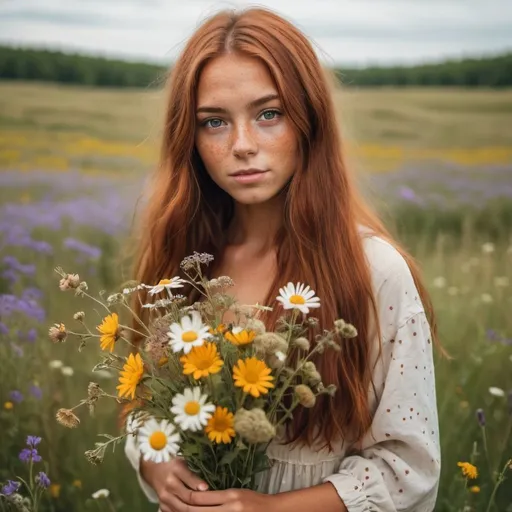 Prompt: girl with long auburn hair with tan skin, brown eyes and freckles holding a bouquet of pretty wild flowers surrounded in a field of wild flowers