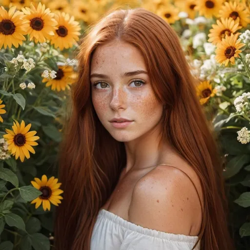 Prompt: Girl with long auburn hair, brown eyes and freckles, tan skin surrounded in flowers
