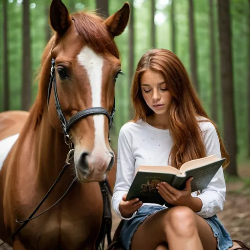 Prompt: Girl with long auburn hair, tan skin, brown eyes and freckles sitting on a horse reading a book in the forest