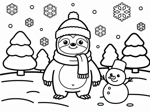 Prompt: Create a cartoon-style coloring book style image of a cartoon sloth in a winter wonder land. The image should be made for a toddler to color