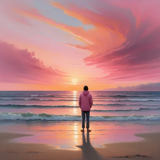 Prompt: "A tranquil and inspiring scene featuring a solitary person standing before a stunning sunset. The person's face reflects deep contemplation and peace, with the sunset casting hues of pink and orange. In the background, the gentle waves of the sea are lapping at the shore, and the sky has soft, scattered clouds. This scene conveys a sense of hope, self-discovery, and serenity."