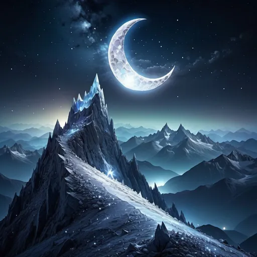 Prompt: Crystal crescent moon on a mountain, shining like a star, fantasy, high-res, detailed, fantasy landscape, crystal material, glowing, majestic, mountain peak, night sky, surreal, moonlight, mystical, atmospheric lighting, cool tones, high quality, fantasy art, magical, detailed landscape