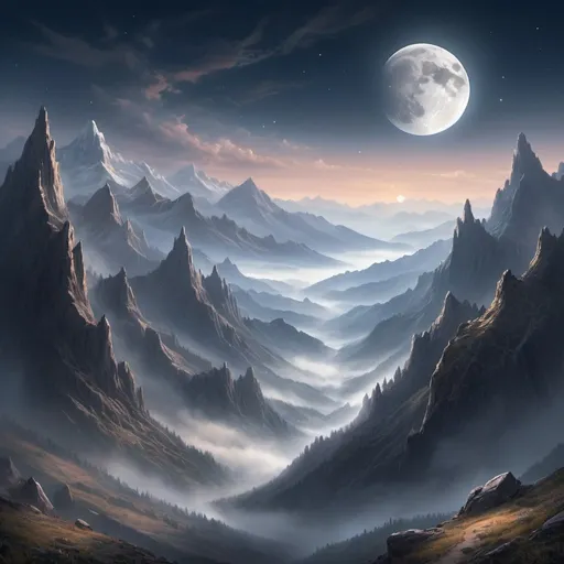 Prompt: The sky shines deep and the vast landscape stretches out like a canvas of wonder. Towering mountains rise into the misty sky, their rugged peaks and valleys shrouded in a mystical veil. The moon, a silver crescent, casts an ethereal glow, illuminating the scene with a soft, dreamy light. 