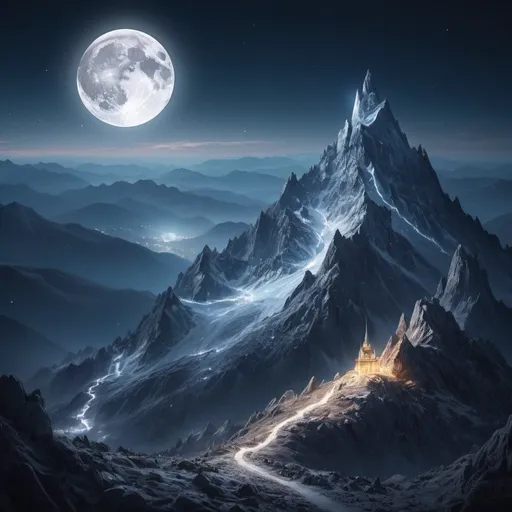 Prompt: Crystal fullmoon on a mountain, shining like a star, fantasy, high-res, detailed, fantasy landscape, crystal material, glowing, majestic, mountain peak, night , moonlight, brightness , mystical, atmospheric lighting, cool tones, high quality, fantasy art, magical, detailed landscape, realistic picture