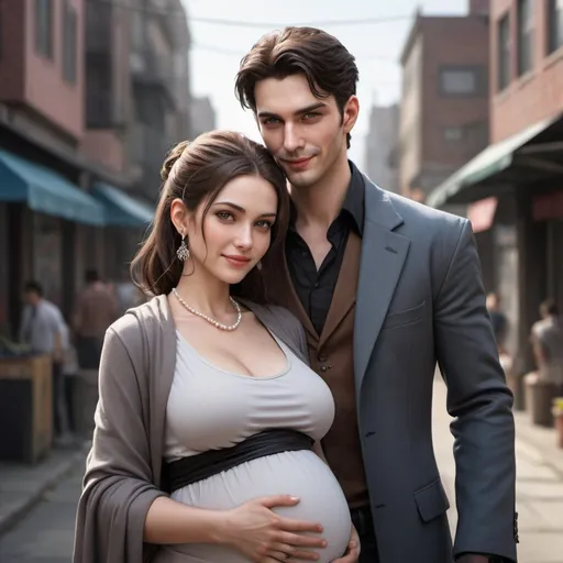 Prompt: (A Young couple) a male, Brown hair,  shoulder length hair, hazel eyes, smiling, filtring, casual outfits, wink, bright day background, dynamic pose, riffle gun, hyper detailed, Cinematic light, intricate detail, highres, official art, finely detailed face, high resolution illustration, 8k, dark intense shadows, overexposure, full body, perfect face, intricate, 8k, artstation, highly detailed, digital painting, intense, intense details, sharp focus, He was a vampire, from among the first generation pure-blooded. He looked like he was 26 or less, but he was more than that, He had a huge figure, he was tall and light-skinned, he had jet black hair which he wrapped into a loosed bun, Grey deep eyes which looked vibrant and more inked, a piercing long nose and thin lips.  He was wearing a grey suit which complimented his eyes and a brown overcoat. 
a pregnant female, blue eyes, auburn hair, bobcut, earrings, pearls jewelry, maternity, holding waist, , smile, couples.