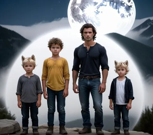 Prompt: In the foreground, the young father stands tall, his chiseled features and strong jawline radiating a sense of strength and protection. His piercing eyes, a deep shade of brown, gaze out with unwavering intensity, as if daring anyone to approach his precious triplets. His dark hair is mussed, and his rugged, worn jeans and fitted white shirt speak of a man who's not afraid of hard work.

Before him, the three tiny triplets stand in a row, their identical faces beaming with individual personalities. One has a mischievous grin, another a curious gaze, and the third a playful pout. Their bright blue eyes sparkle like diamonds in the moonlight, and their curly blonde hair seems to shimmer like gold. They wear matching tiny outfits, white with tiny flowers, and their small hands clutch tiny toys – a stuffed rabbit, a wooden block, and a soft ball.

Behind the family is a huge grey wolf, the sky shines deep and the vast landscape stretches out like a canvas of wonder. Towering mountains rise into the misty sky, their rugged peaks and valleys shrouded in a mystical veil. The moon, a silver crescent, casts an ethereal glow, illuminating the scene with a soft, dreamy light. In the distance, a massive grey wolf watches over the family, its piercing yellow eyes gleaming like lanterns in the night. Its fur seems to ripple in the moonlight, and its presence adds a sense of wild beauty and mystique to the portrait.

The resolution is so sharp, so detailed, that you can almost see the texture of the father's worn jeans, the softness of the triplets' curls, and the misty veil that shrouds the mountains. The image seems to pulse with life, as if the characters might step out of the frame at any moment, into a world of wonder and adventure.