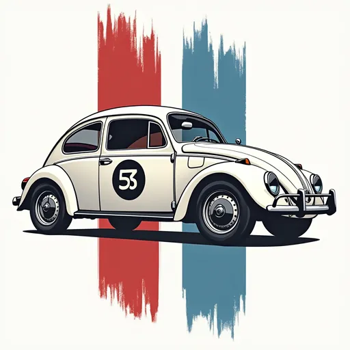 Prompt: "A bold graphic t-shirt design of the classic white Volkswagen Beetle 'Herbie', shown in side view with the iconic number 53 inside a black circle on the door and below the car. Two vertical racing stripes (red and blue) run behind the car and the number. The illustration is in a clean, high-contrast vector style with thick outlines, minimal shading, and no background. Designed to pop on a t-shirt, with a vintage motorsport feel, clean white background, and a slightly distressed print texture."

