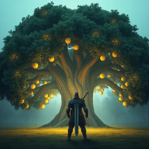 Prompt: please create a large tree with light as its fruit with a video game style viking warrior facing the tree standing in fron of it and a huge viking sword on his back.