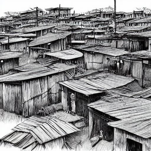 Prompt: slums in ivory coast, drawing , black and white