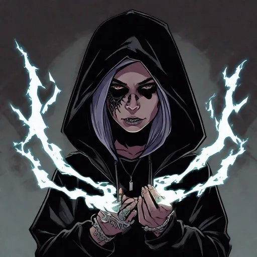 Prompt: A woman in a black hoodie and a black bandana with the powers to necromancer
