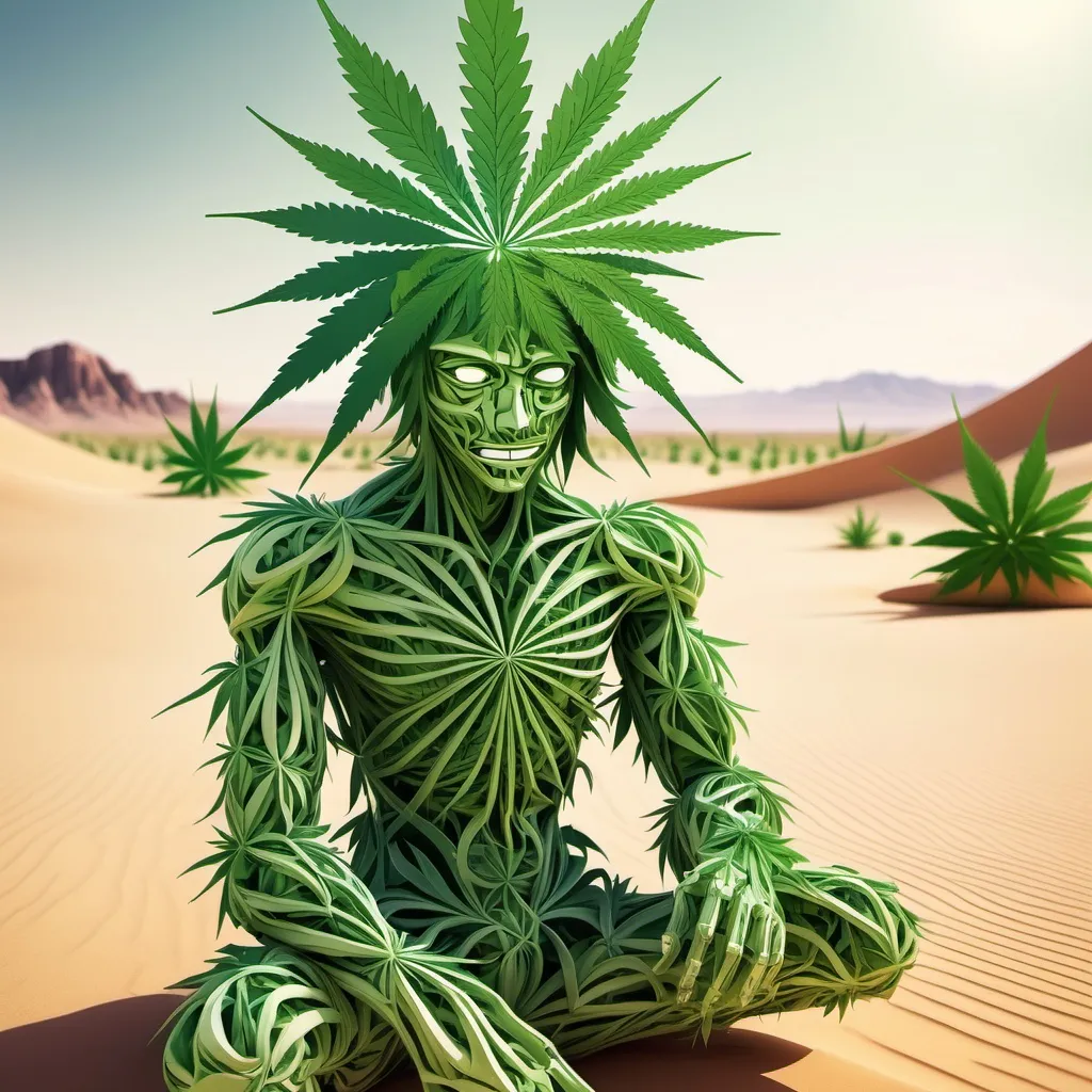 Prompt: anime art style man made of cannabis plant in a desert.