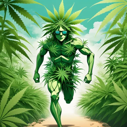 Prompt: anime art style man made of cannabis plant running in a a tropical oasis