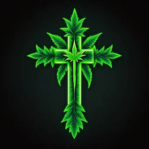 Prompt: neon green. Christian cross. Animated. Dragonball Z style. cannabis leaf.