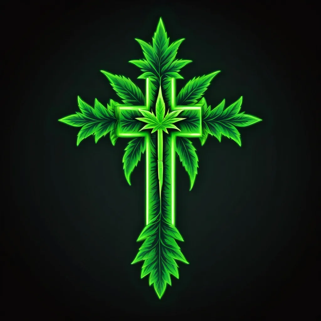 Prompt: neon green. Christian cross. Animated. Dragonball Z style. cannabis leaf.