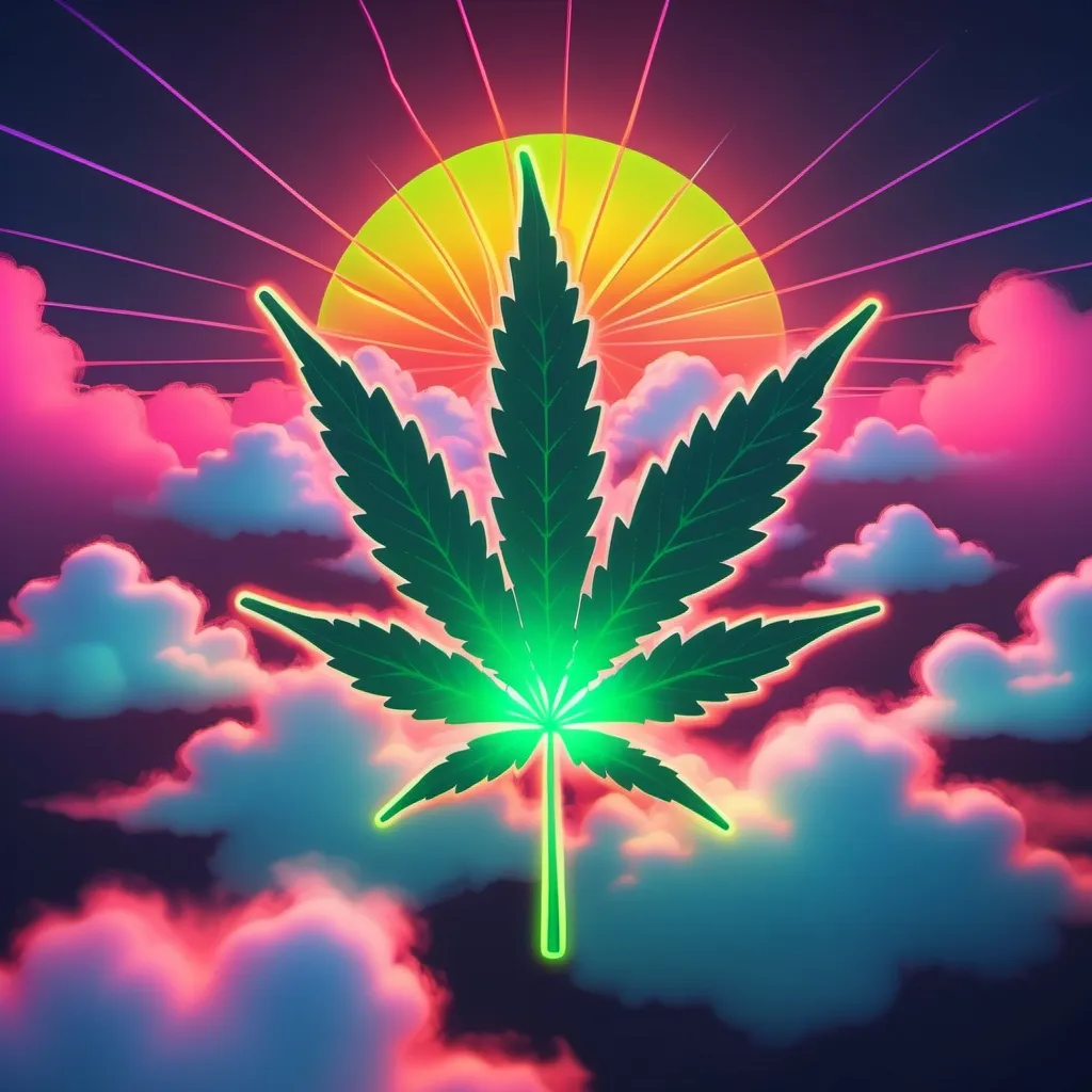 Prompt: Anime style. cannabis leaf on clouds. neon sunset.