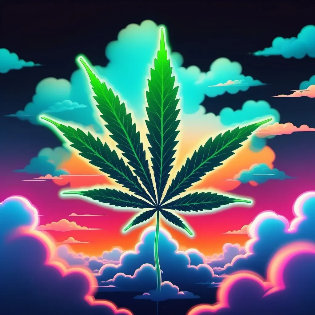 Prompt: Anime style. cannabis leaf on clouds. neon sunset.