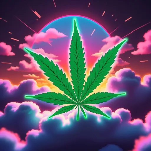 Prompt: Anime style. cannabis leaf on clouds. neon sunset.