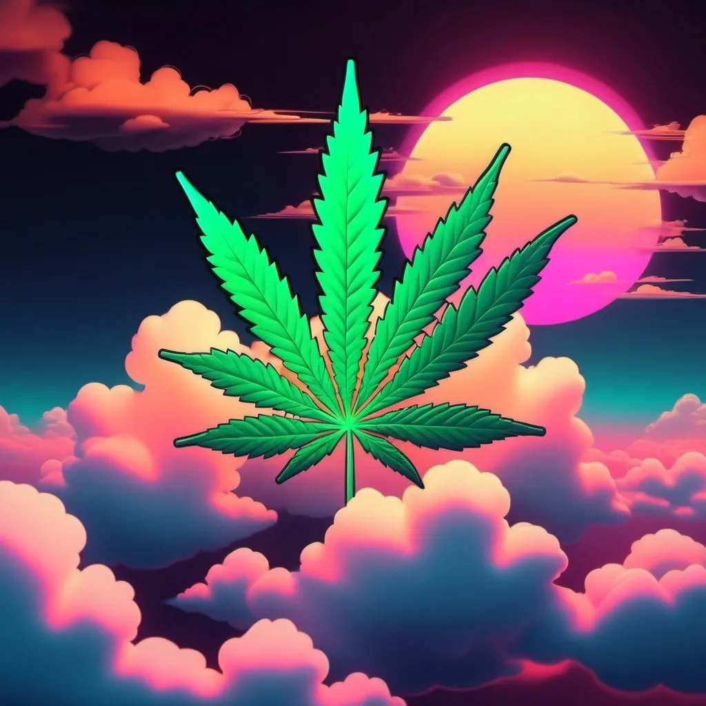 Prompt: Anime style. cannabis leaf on clouds. neon sunset.