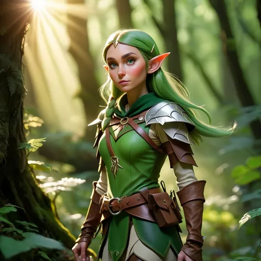 Prompt: Elf ranger in a mystical forest around sunlight