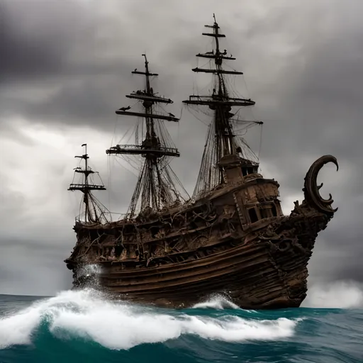 Prompt: An old pirate ship, the kraken with large tentacles in the wreckage of a burning ship in the background, a LARGE dark storm cloud, a whirlpool in the sea, very rough ocean