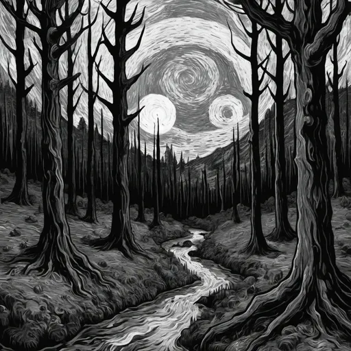 Prompt: black and white doom album cover of a forest in the style of van gogh