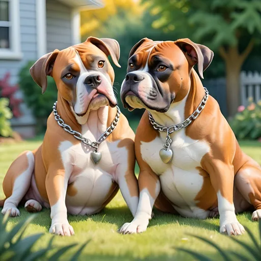 Prompt: Using watercolors in the style of reverse coloring, create a scene where two dogs are cuddling with each other. The first dog is a fat gray pit but with a white marking on her belly. The second dog is a male brown boxer with a silver chain around his neck. They are on the lawn in the sunshine. 