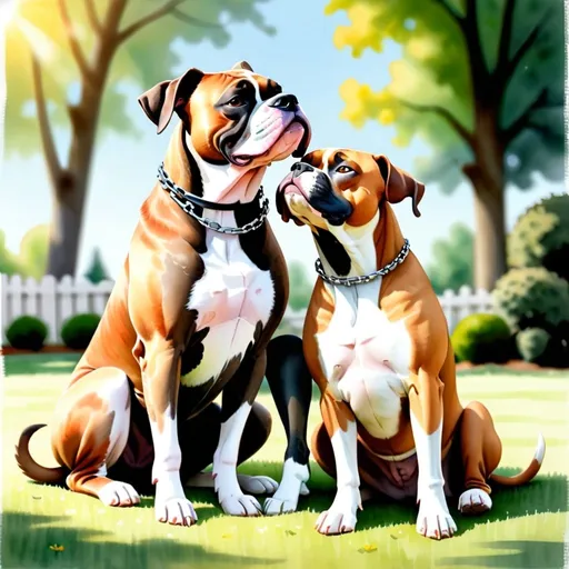 Prompt: Using watercolors in the style of reverse coloring, create a scene where two dogs are being affectionate with each other. The first dog is a fat gray pit but with a white marking on her belly. The second dog is a male brown boxer with a silver chain around his neck. They are on the lawn in the sunshine. 