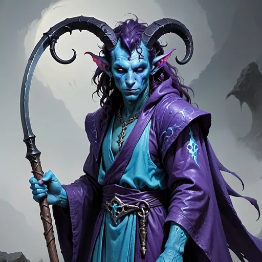 Prompt: Ugly, sad, shining blue tiefling necromancer with a scythe and full robes. Scars on his arms that glow green and purple