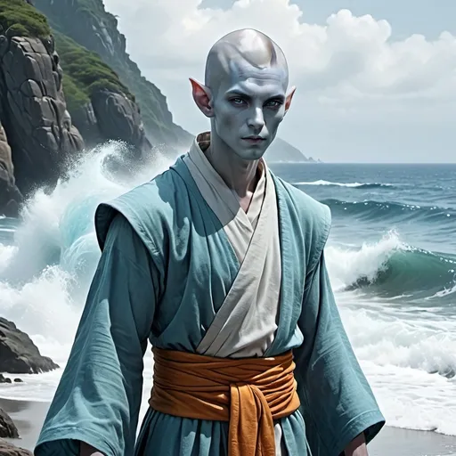 Prompt: Sea elf with (blueish skin), male monk, cool elf monk robes, bald, serene ocean backdrop, ethereal atmosphere, captivating expression, mystical oceanic elements, crisp texture, high quality, ultra-detailed, fantasy-inspired.