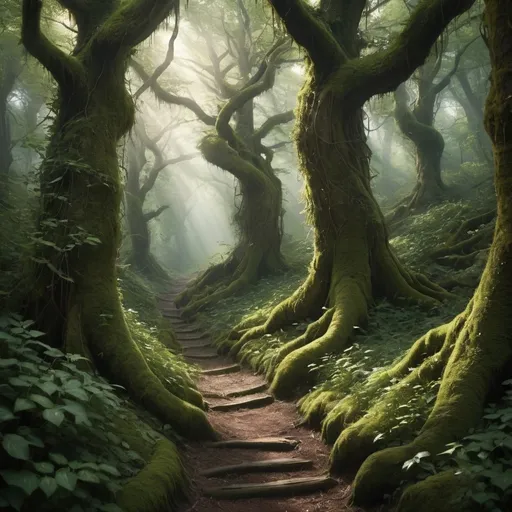 Prompt: The forest is a thick, dark maze of ancient trees with twisted branches forming a near-impenetrable canopy. Sunlight barely reaches the moss-covered ground, and the air is cool and damp with the scent of wet earth. Gnarled trunks covered in ivy stand like silent guards. Shadows shift constantly, creating an eerie, watchful feeling. Rustles in the underbrush hint at unseen creatures. The path is narrow and overgrown, making every step a challenge. This forest feels timeless and mysterious, like it holds secrets from another world.






