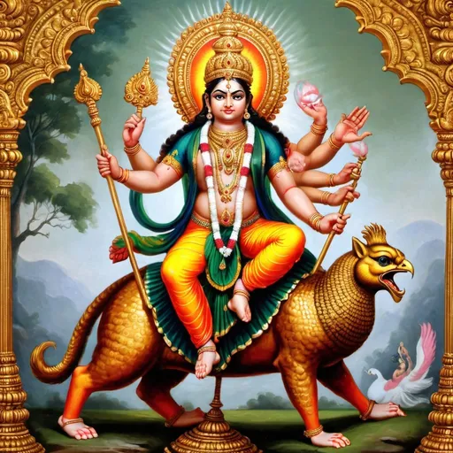 Prompt: Strong and muscular Lord Muruga  astride a peacock,,charging fiercely into battle
