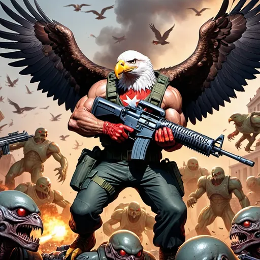 Prompt: A masculine, muscular, patriotic, american bald eagle carrying a machine gun, dressed in military gear battling a swarm of evil communist alien monsters
