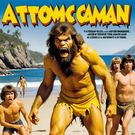 Prompt: a horror movie poster titled ATOMIC CAVEMAN in bold yellow letters featuring a caveman terrorizing a beach with teens