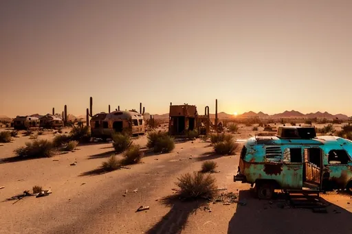 Prompt: Create an image of an abandoned city in the desert with old dilapidated wooden shacks, abandoned and rusty campers and caravans and an abandoned and half-burned Motel in the center of this abandoned city, sunset, desert landscape, detailed and high quality image, 4k image 