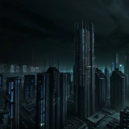 Prompt: Creating an image of a dark cyberpunk city at night, with monolith dark mega-buildings and skyscrapers in a brutalist style, very gritty and dysopic, hight quality 4k, panoramic skyline 