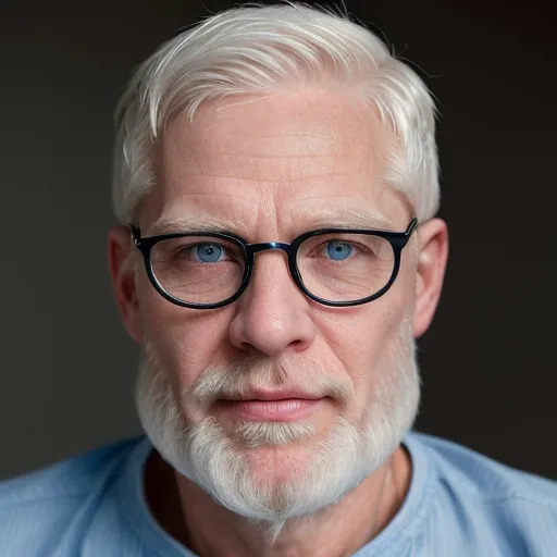 Prompt: A portrait of a white men in his 50s with short white hair and with a slight beard, blue eyes with eyeglasses, hight quality image, 4k