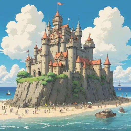 Prompt: 2d studio ghibli anime style, three sections, in the first section a city with the letter A written, in the second section a castle in a country side with the letter B written, and in the third section a sunny beach with the letter C written