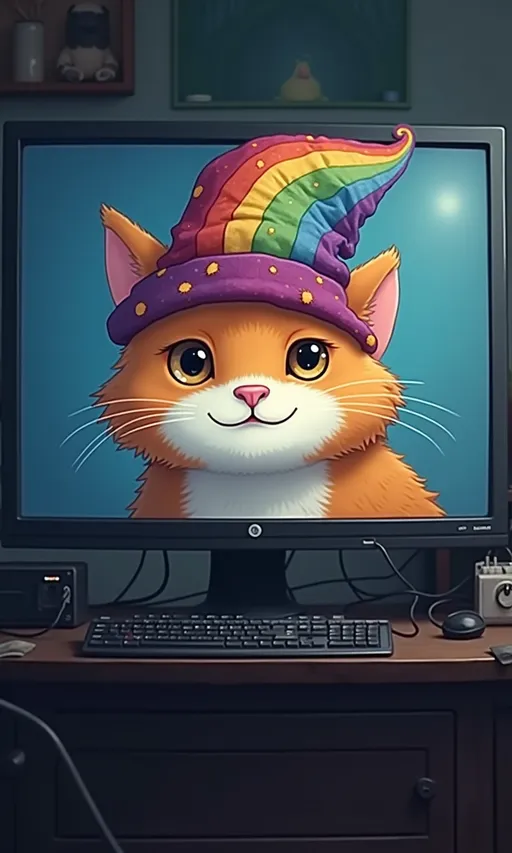 Prompt: a computer screen with a picture of a cat on it's face and a caption of the text, the cat is a rainbow hat, artist, furry art, trending on furaffinity, a screenshot