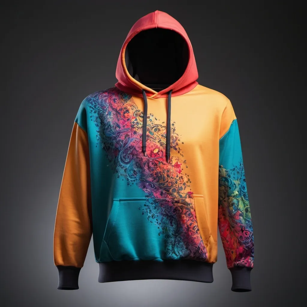 Prompt: professional product photo of a colorful hoodie, floating suspended midair, intricate fabric details, fashion product catalog image, behance hd, studio lighting, front view, square image
