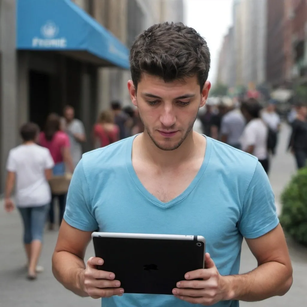 Prompt: un hombre joven sosteniendo un ipad de frente mirando a camara mientras sonrie

