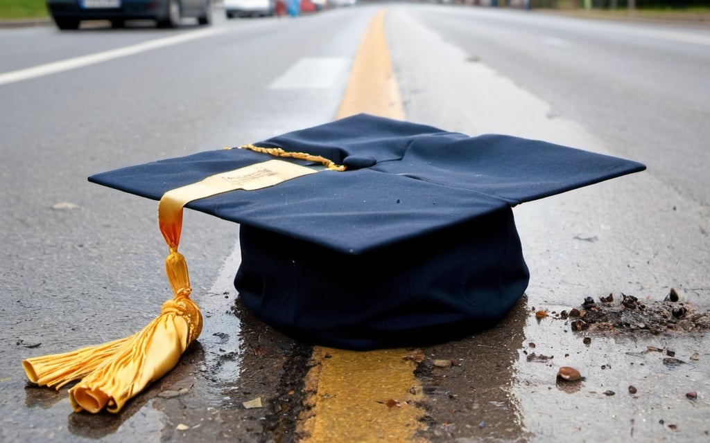 Prompt: A graduation cap discarded and soiled on the road. A bit dirty. Nostalgic.
