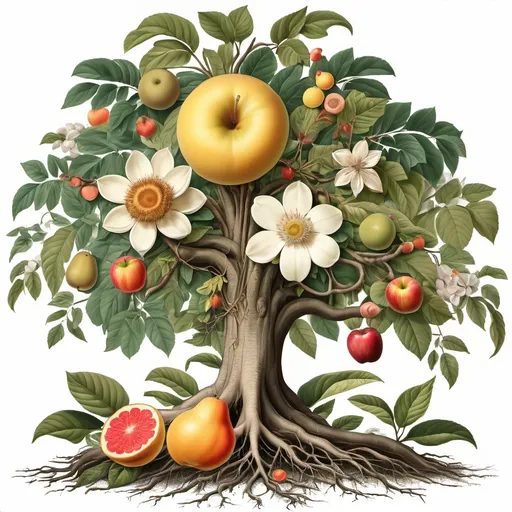 Prompt: A big whole flower and fruit bearing tree with roots, trunk, branches, leaves, fruits, flowers.