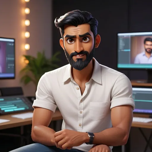 Prompt: South Asian male character, Gujarati ethnicity, around 28–32 years old. He has short, neatly styled black hair and a well-groomed beard. His expression is friendly, confident, and engaging – like a creative professional talking to his audience. He is wearing a white shirt with rolled-up sleeves and dark jeans, casual but smart — suitable for a post-production house owner or wedding video editor.

The background is a modern video editing room with dual monitors. One screen shows After Effects timeline, the other shows a wedding Save The Date video preview. The lighting is warm, with soft ambient tones and a creative, studio feel (maybe a hint of RGB lights in the background).

The character should speak directly to the camera, making eye contact, and look natural while talking. Body posture is upright and relaxed, indicating confidence and creativity.

